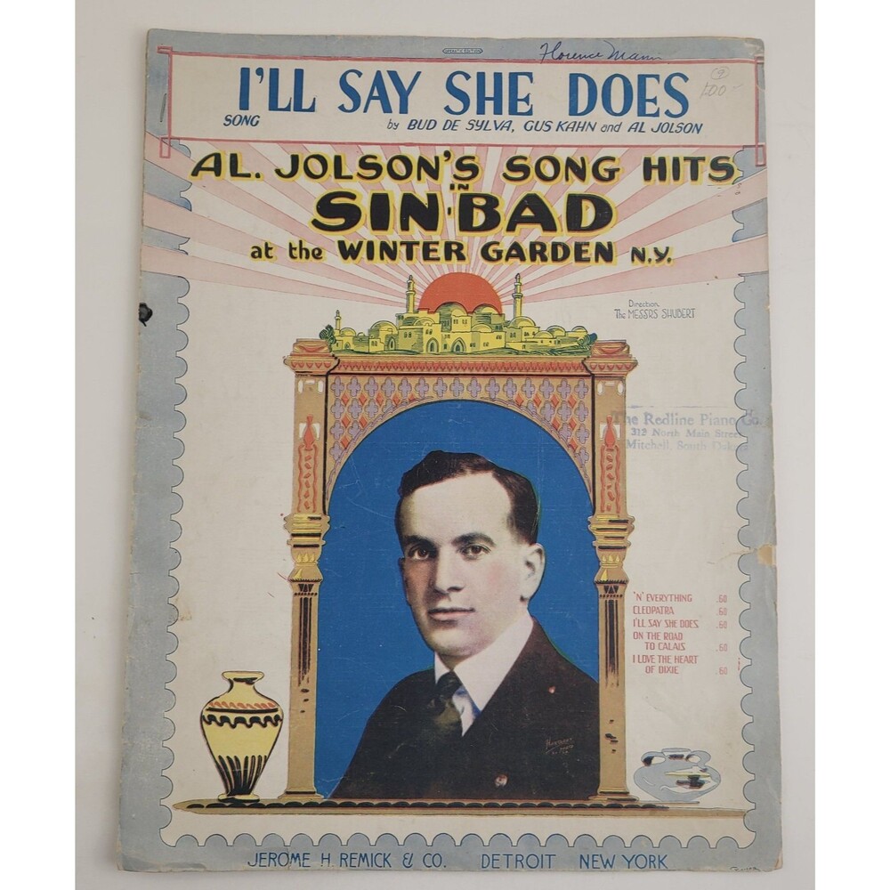 Al Jolson I'll Say She Does,"SINBAD" Winter Garden 1918 Antique Sheet Music #SM3